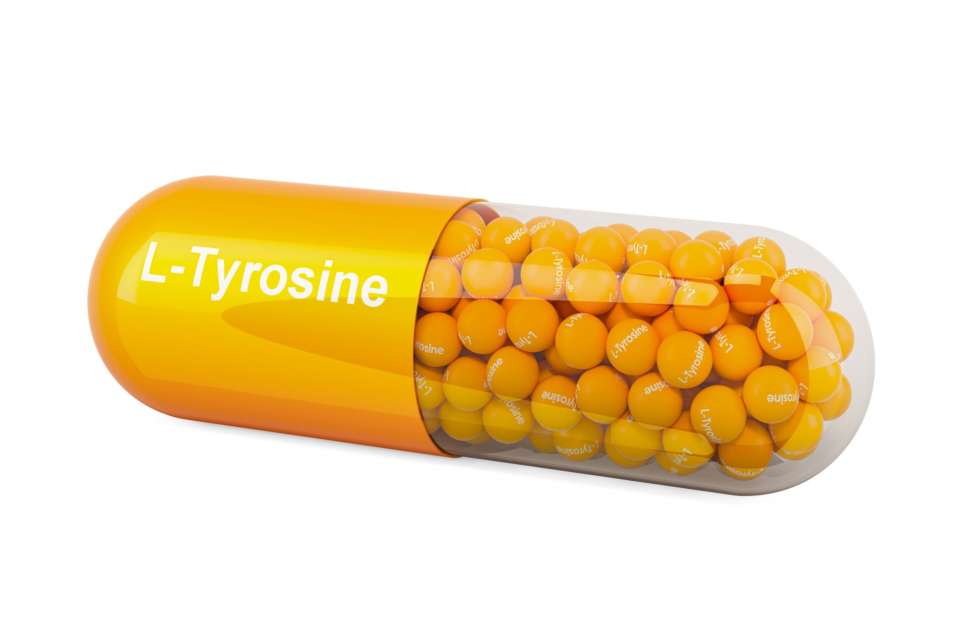 Żółta kapsułka z napisem l-tyrosine