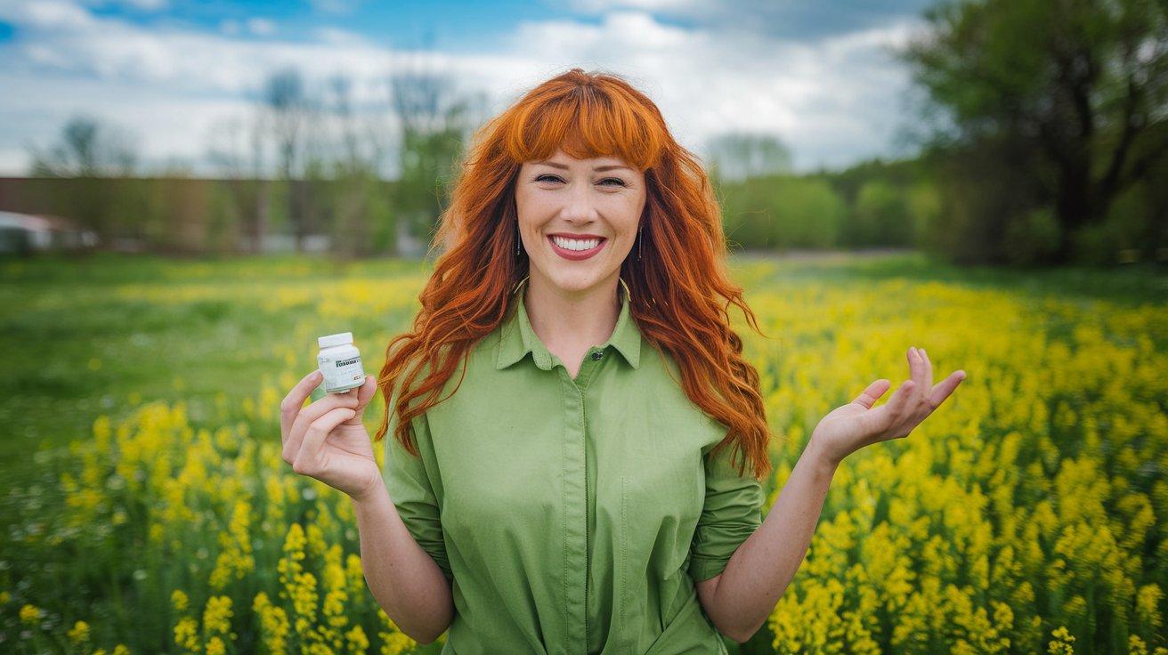 Wpływ ekstraktu z zielonej herbaty na układ nerwowy i samopoczucie Ruda uśmiechnięta kobieta na tle pola rzepakowego